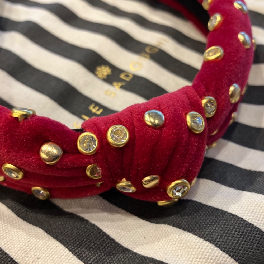 New Lele Sadoughi Red Gold Petite Velvet Gift idea Crystal Studded Knot Headband